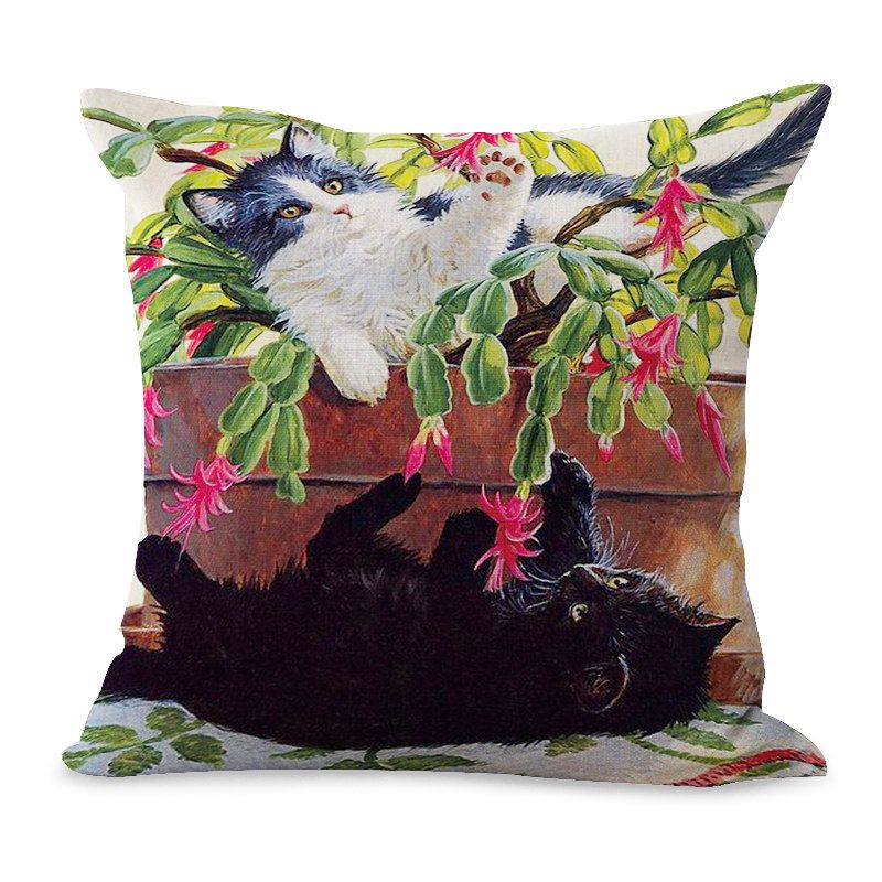 Oljeutskriftsstil Floral Baby Katt Lin Putetrekk Hjem Sofa Art Decor