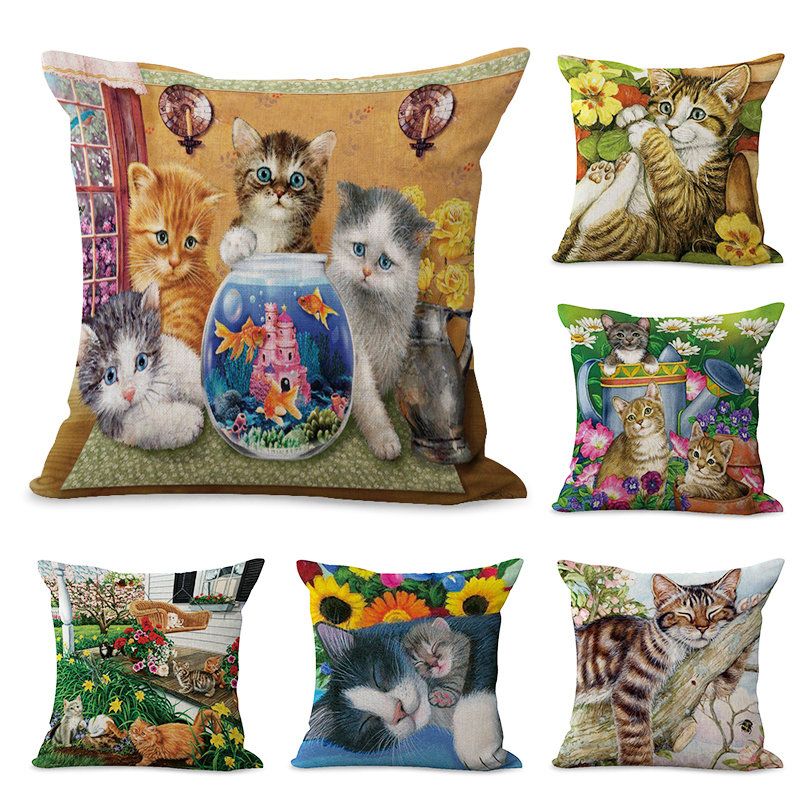 Oljeutskriftsstil Floral Baby Katt Lin Putetrekk Hjem Sofa Art Decor