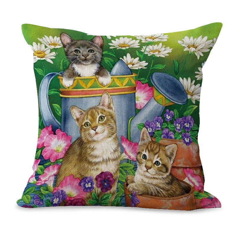 Oljeutskriftsstil Floral Baby Katt Lin Putetrekk Hjem Sofa Art Decor