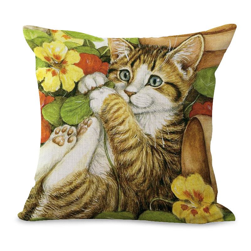 Oljeutskriftsstil Floral Baby Katt Lin Putetrekk Hjem Sofa Art Decor