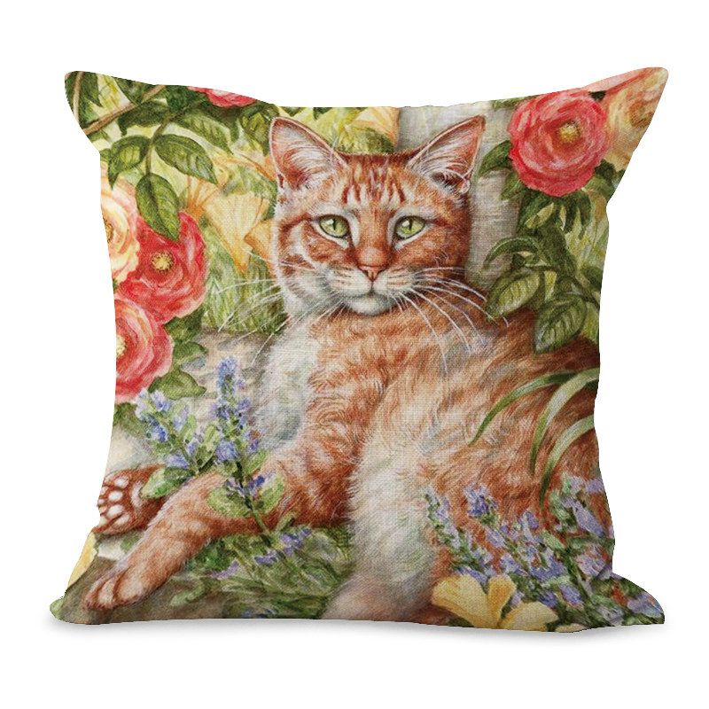 Oljeutskriftsstil Floral Baby Katt Lin Putetrekk Hjem Sofa Art Decor