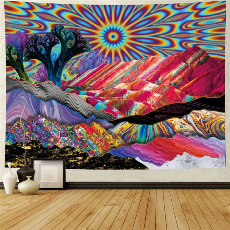 Psykedelisk Mountain Sun Tapestry Abstrakt Trær Fargerik Natur Landskap Bohemia