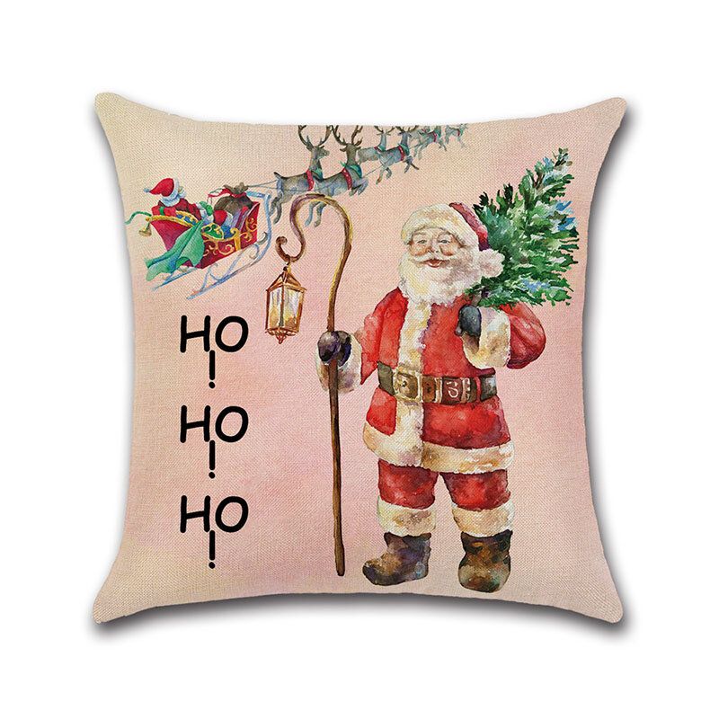 Retro Merry Christmas Santa Mønster Lin Putetrekk Hjemmesofa Myk Art Decor