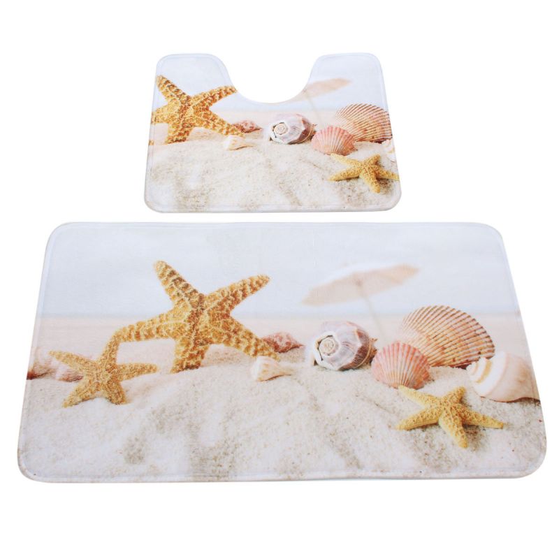 Shell Starfish Bademattesett 2 Deler Toalettteppe Baderomskonturmatte Sklisikkert Teppe 45x75cm 40x45cm