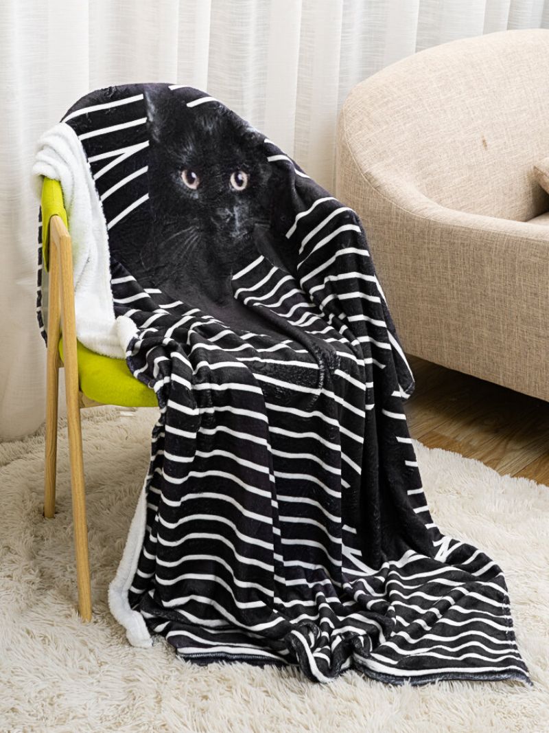 Stripemønster Katt Tegneserieteppe Coral Fleece Lunsjpause Sofa Teppe Klimaanlegg