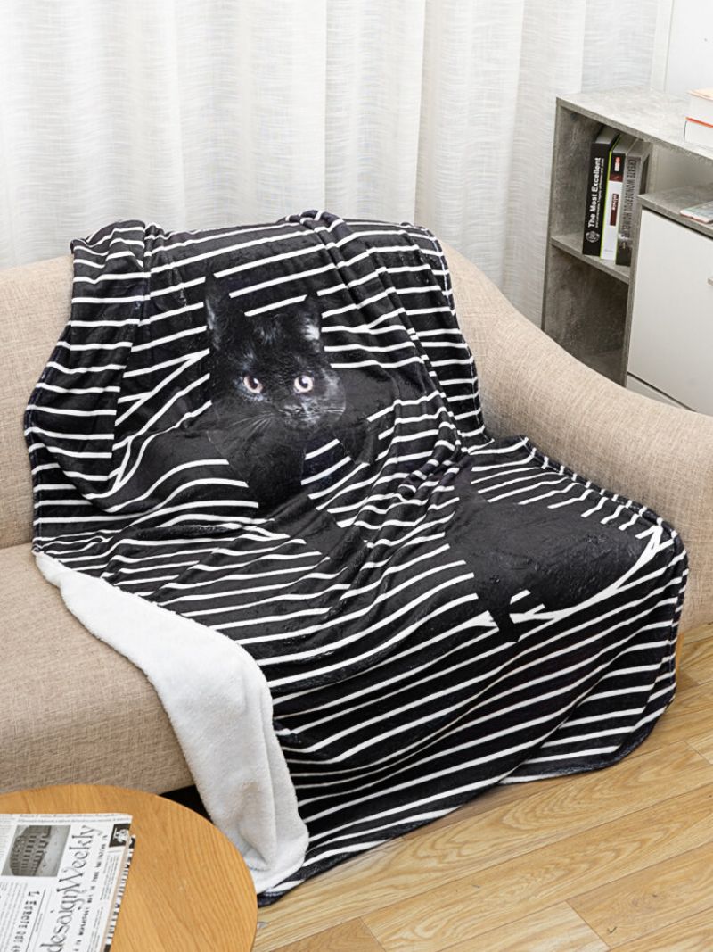 Stripemønster Katt Tegneserieteppe Coral Fleece Lunsjpause Sofa Teppe Klimaanlegg