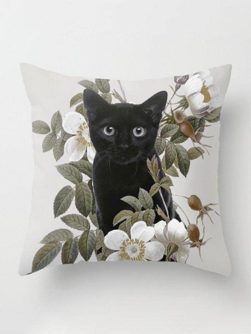 Svart Katt Og Blomstermønster Lin Putetrekk Hjem Sofa Art Dekor