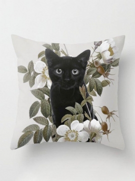 Svart Katt Og Blomstermønster Lin Putetrekk Hjem Sofa Art Dekor