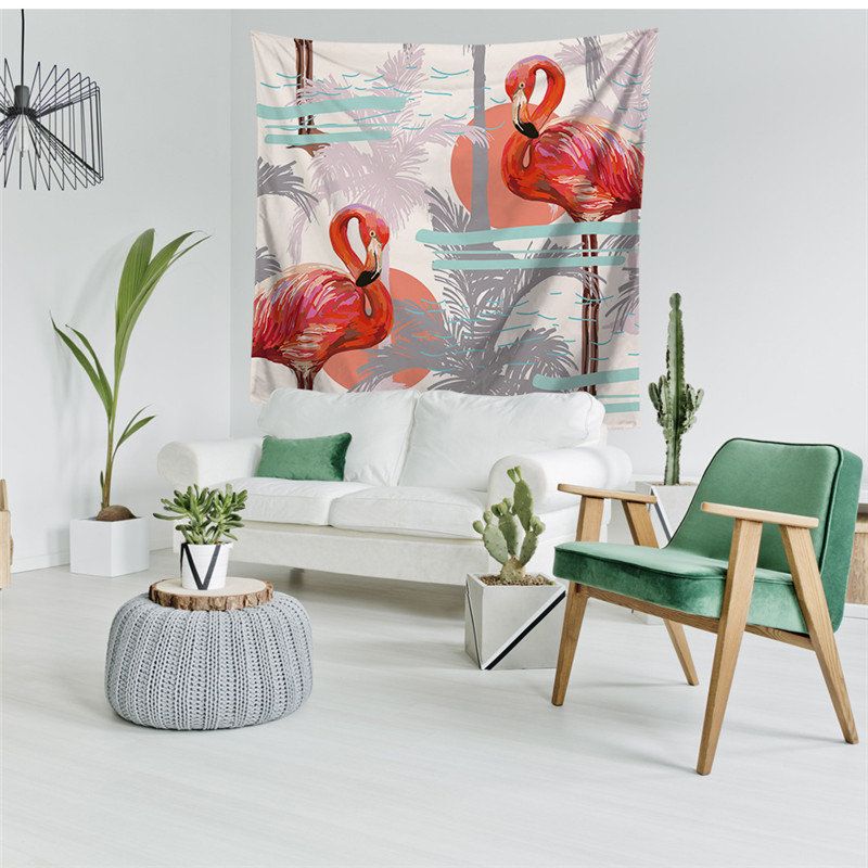 Veggoppheng Flamingotrykt Billedvev Romdekor Kunst Tropiske Planter Yogamatte