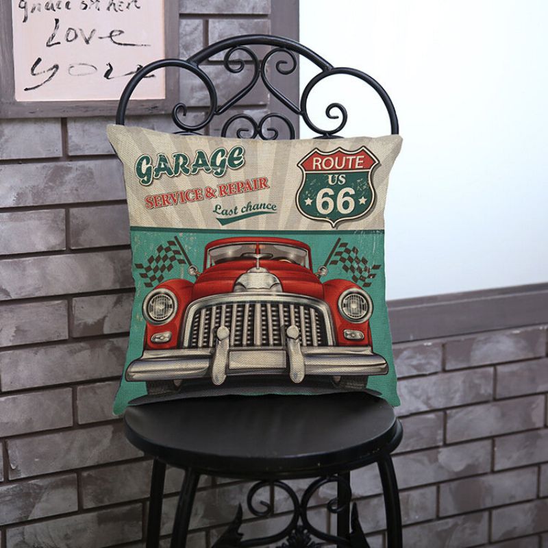 Vintage America Route 66 Classic Cars Mønster Lin Putetrekk Hjemmesofa Kunst Dekor