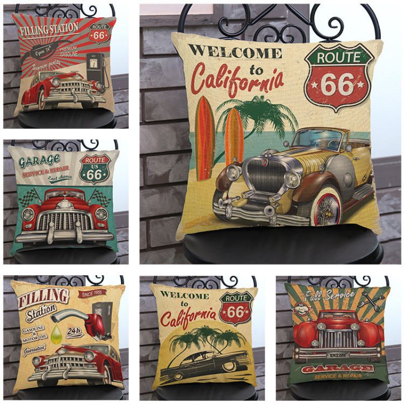 Vintage America Route 66 Classic Cars Mønster Lin Putetrekk Hjemmesofa Kunst Dekor