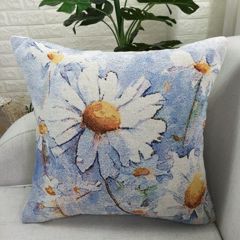 Vintage Middelhavsstil Beach Daisy Mønster Lin Bomull Putetrekk Hjemmesofa