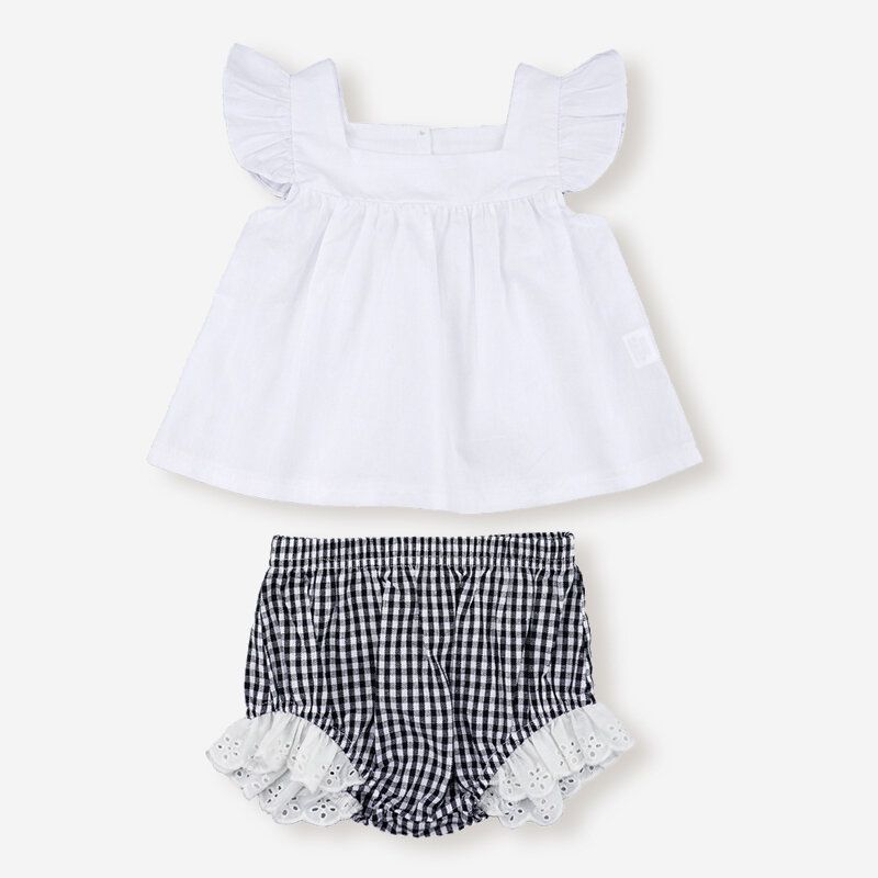 Baby Flyermer Hvite Topper+rutemønster Shorts Klessett For 3-24m