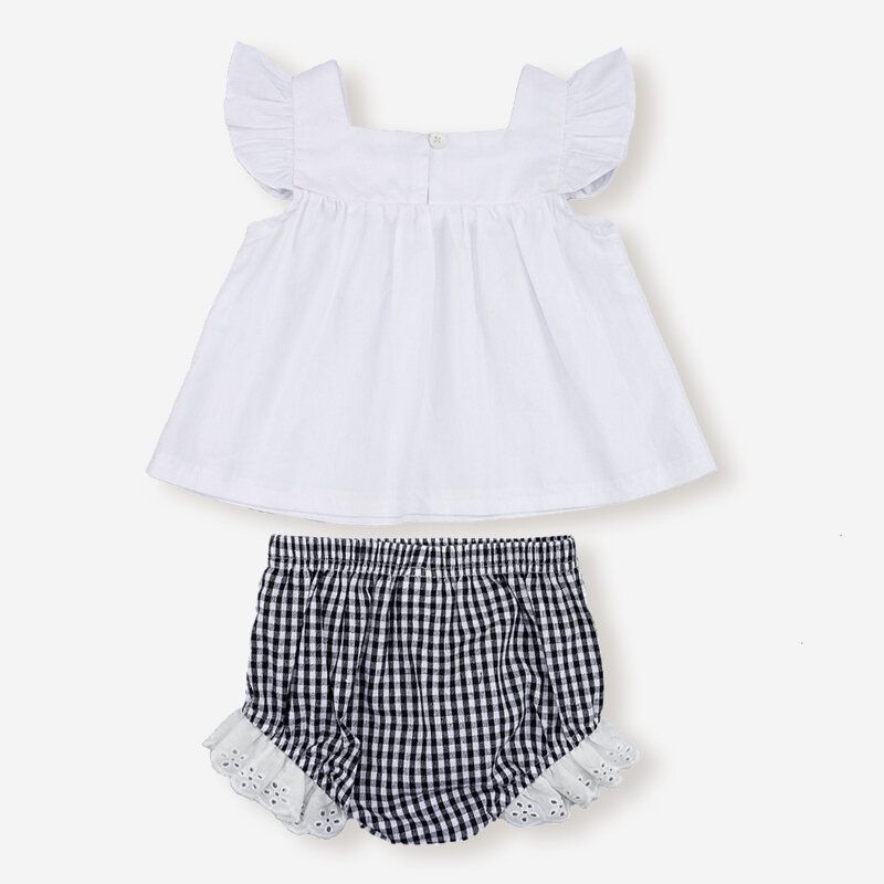 Baby Flyermer Hvite Topper+rutemønster Shorts Klessett For 3-24m