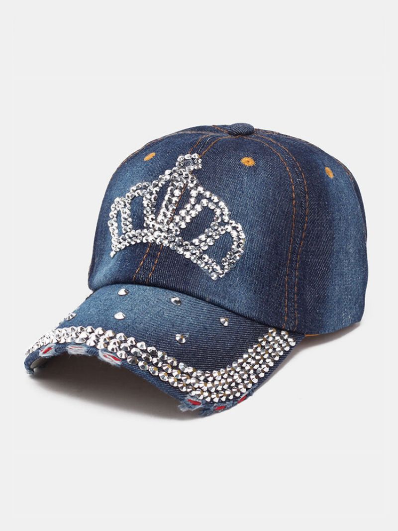 Dame Denim Rhinestone-dekorert Kronemønster Med Ødelagt Hull Uformelt Solseil Baseballcapser