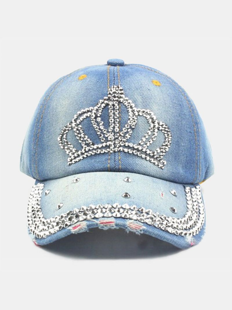 Dame Denim Rhinestone-dekorert Kronemønster Med Ødelagt Hull Uformelt Solseil Baseballcapser