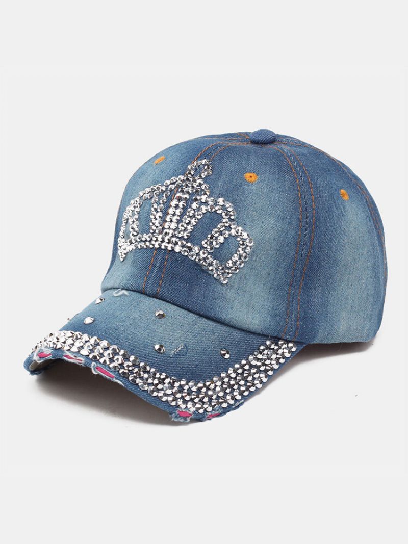 Dame Denim Rhinestone-dekorert Kronemønster Med Ødelagt Hull Uformelt Solseil Baseballcapser