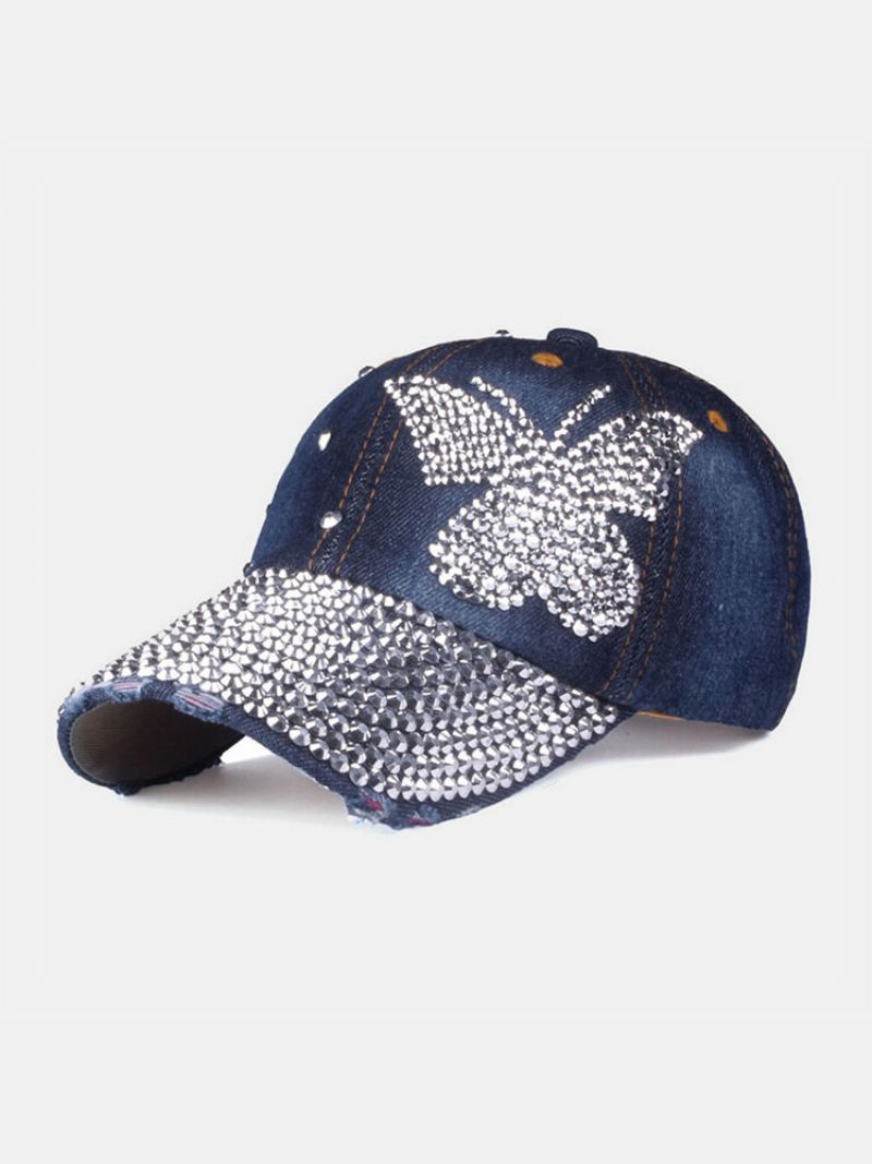 Dame Denim Rhinestone Dekorert Sommerfuglmønster Med Ødelagt Hull Uformelt Solseil Baseballcapser