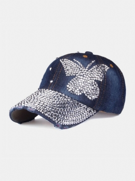 Dame Denim Rhinestone Dekorert Sommerfuglmønster Med Ødelagt Hull Uformelt Solseil Baseballcapser