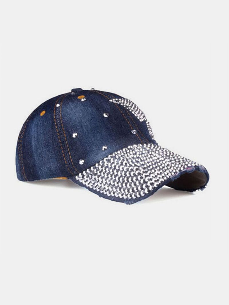 Dame Denim Rhinestone Dekorert Sommerfuglmønster Med Ødelagt Hull Uformelt Solseil Baseballcapser