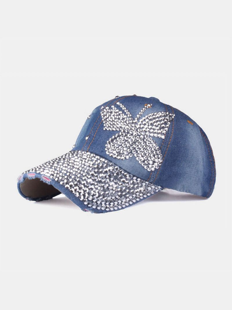 Dame Denim Rhinestone Dekorert Sommerfuglmønster Med Ødelagt Hull Uformelt Solseil Baseballcapser