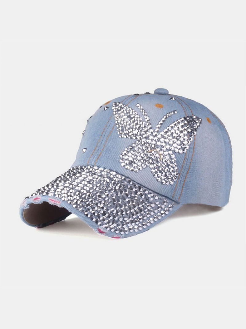 Dame Denim Rhinestone Dekorert Sommerfuglmønster Med Ødelagt Hull Uformelt Solseil Baseballcapser