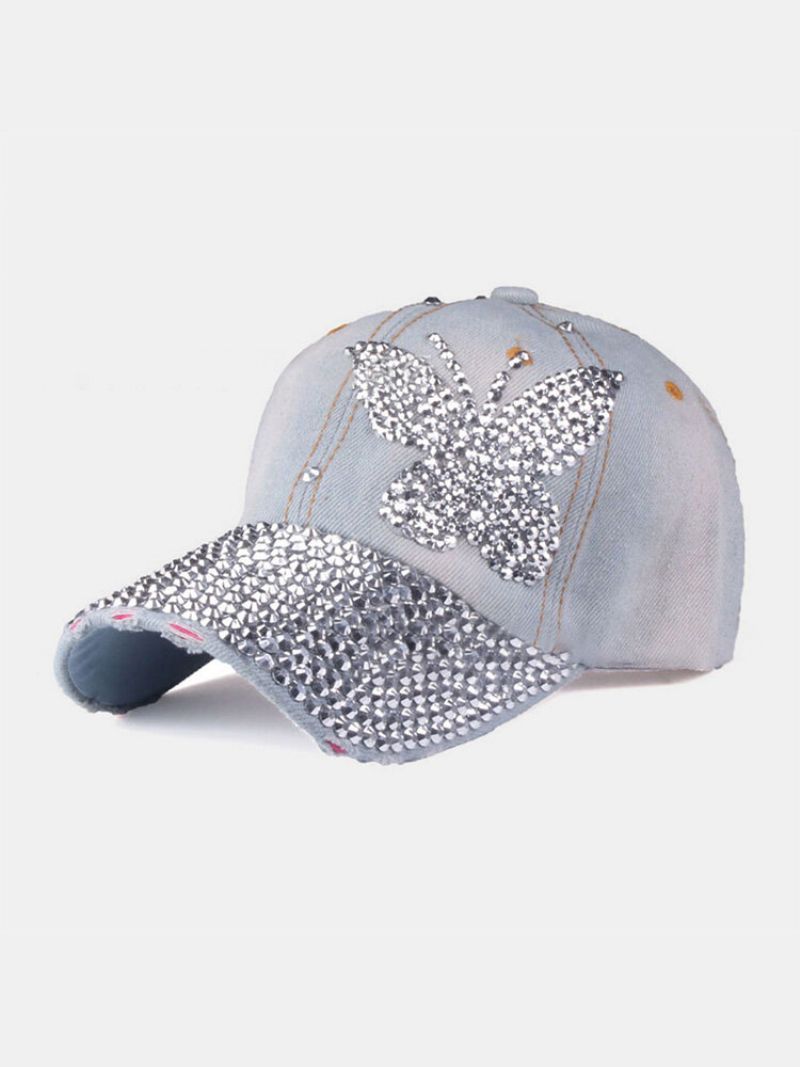 Dame Denim Rhinestone Dekorert Sommerfuglmønster Med Ødelagt Hull Uformelt Solseil Baseballcapser