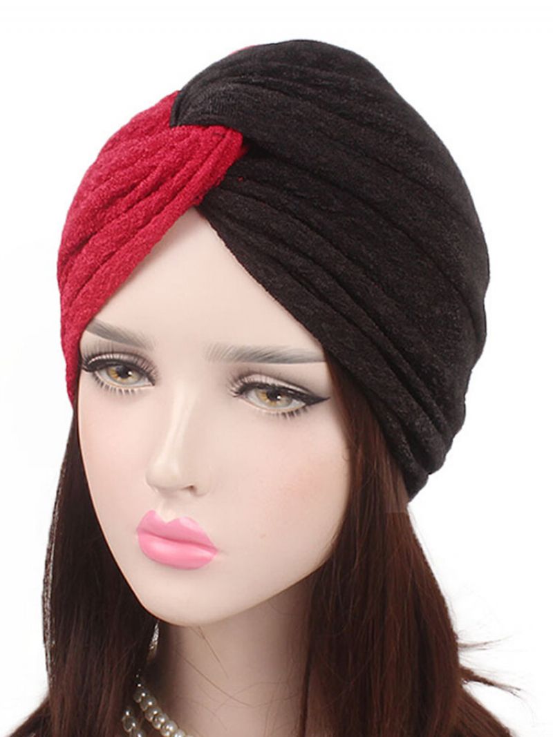 Dame Polyester To-farge Cross Stretch Turban Hat Casual Beanie Cap Bonnet Hat