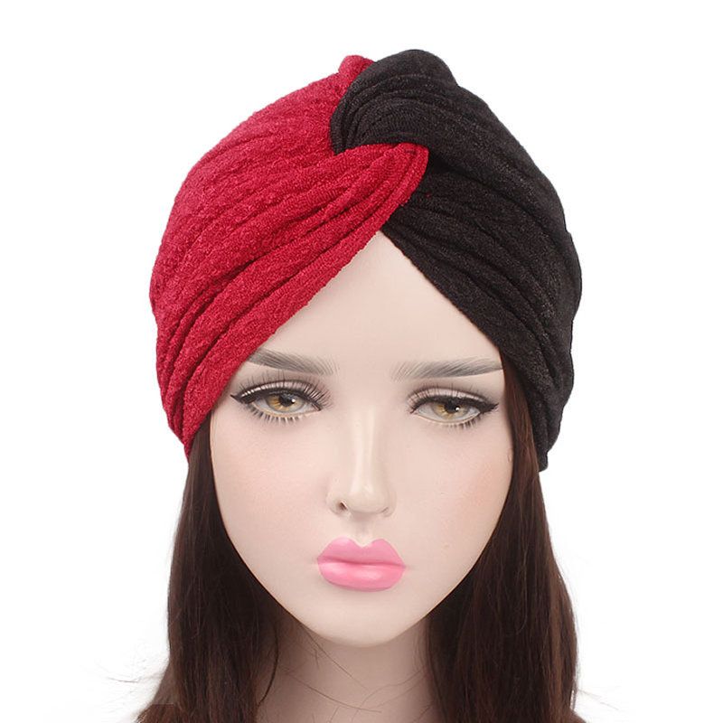 Dame Polyester To-farge Cross Stretch Turban Hat Casual Beanie Cap Bonnet Hat