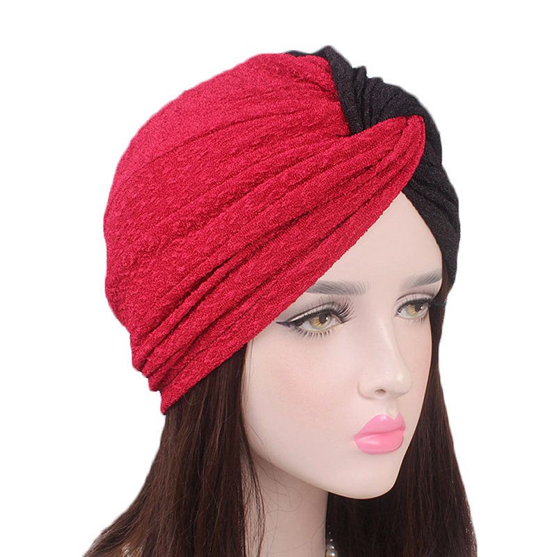 Dame Polyester To-farge Cross Stretch Turban Hat Casual Beanie Cap Bonnet Hat