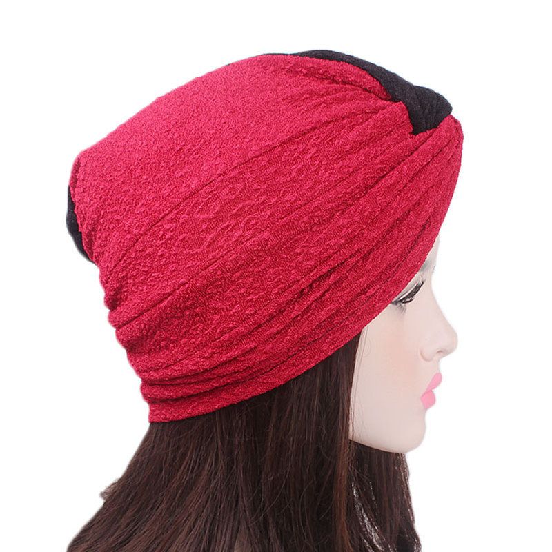 Dame Polyester To-farge Cross Stretch Turban Hat Casual Beanie Cap Bonnet Hat