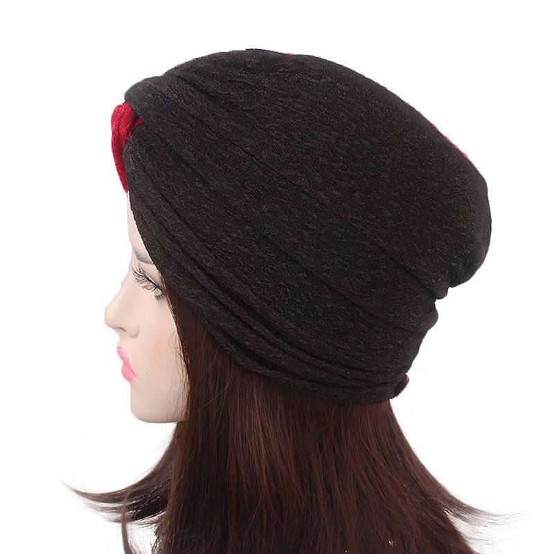 Dame Polyester To-farge Cross Stretch Turban Hat Casual Beanie Cap Bonnet Hat