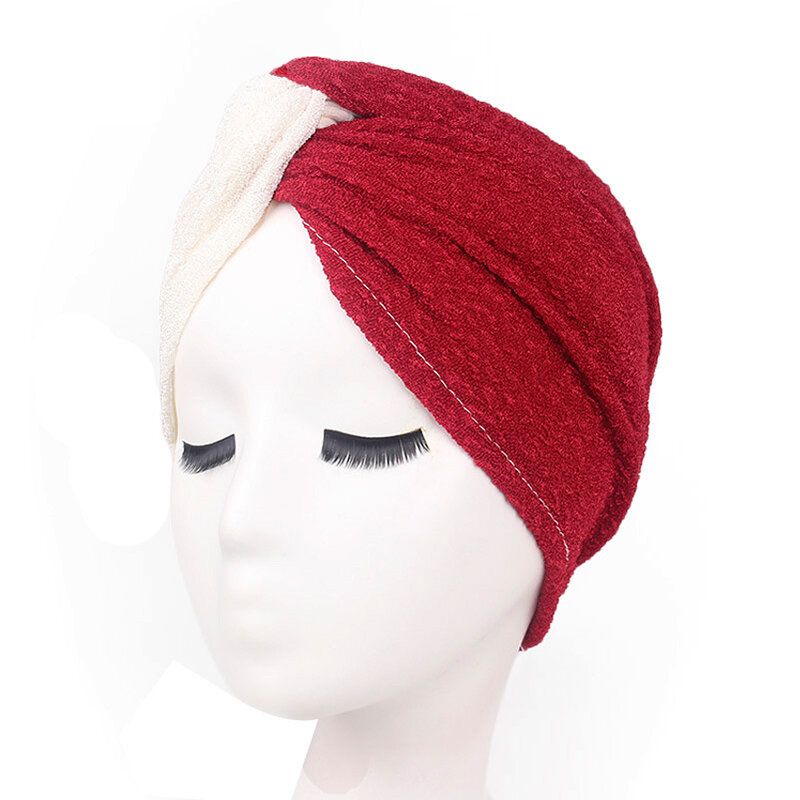 Dame Polyester To-farge Cross Stretch Turban Hat Casual Beanie Cap Bonnet Hat