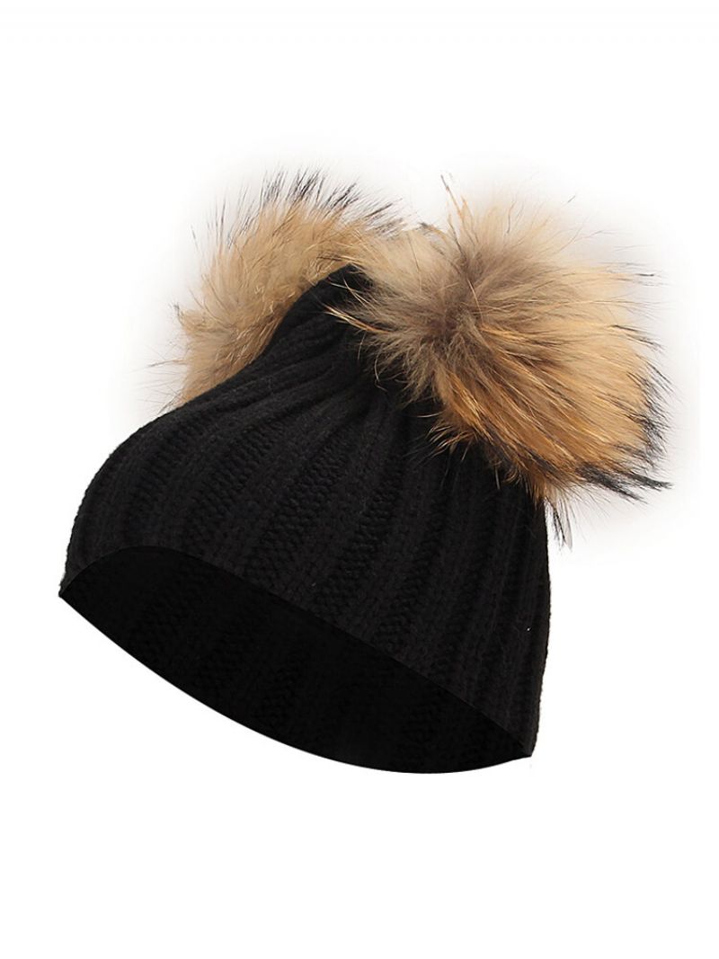 Dame Vinter Pelslue Dobbel Pom Beanie Hat Strikk Bobble Ski Cap