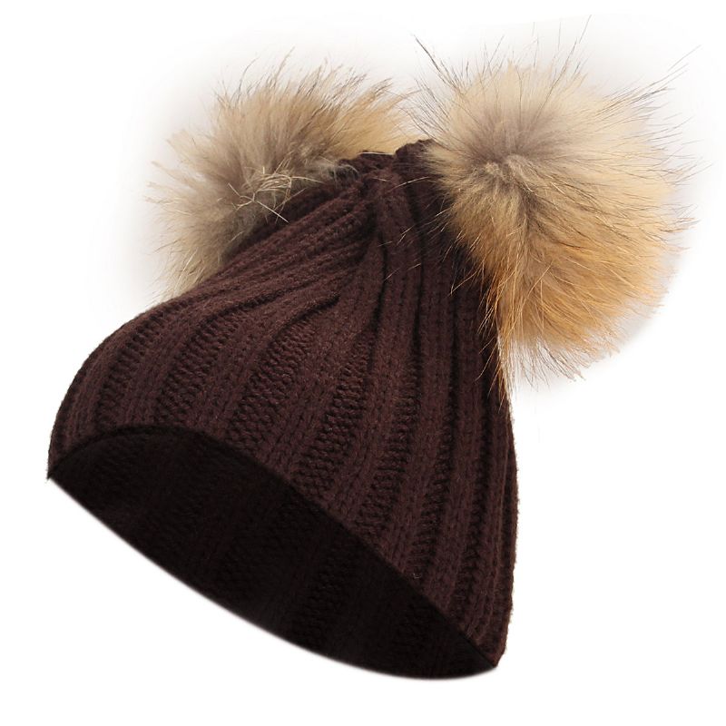 Dame Vinter Pelslue Dobbel Pom Beanie Hat Strikk Bobble Ski Cap