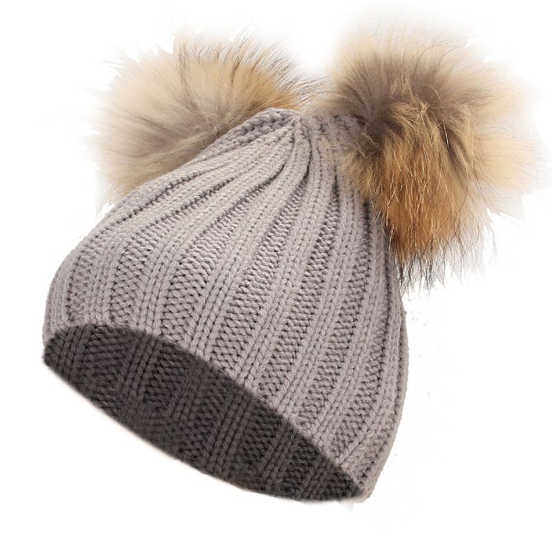 Dame Vinter Pelslue Dobbel Pom Beanie Hat Strikk Bobble Ski Cap