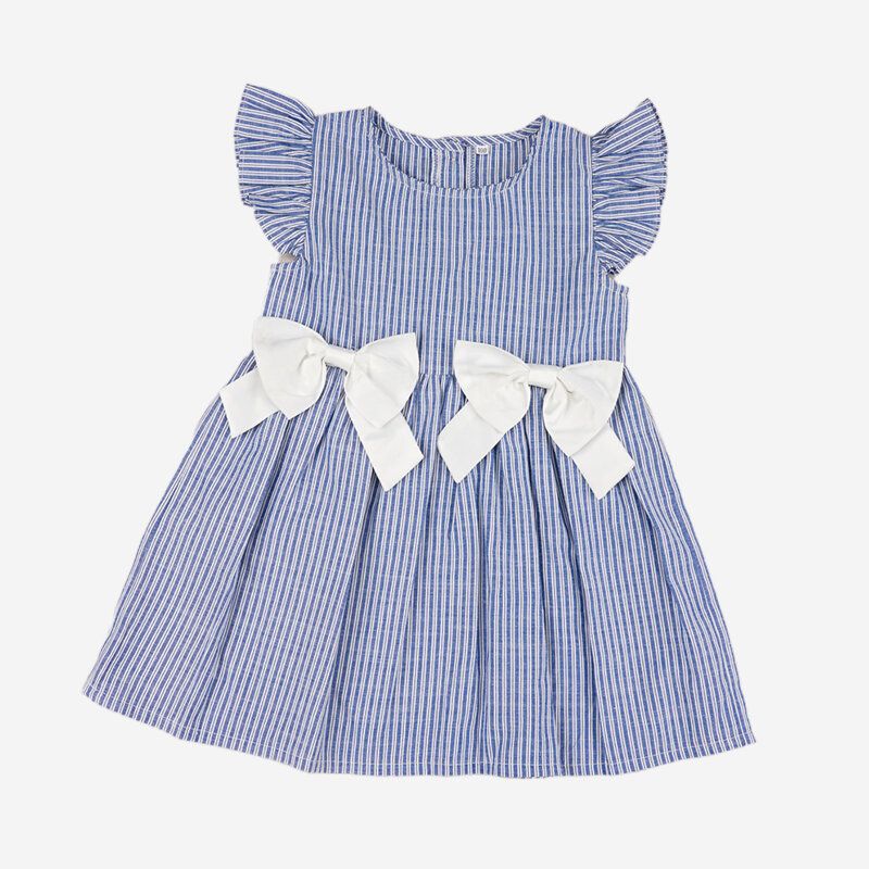 Girl's Flying Sleeves Bowknot Stripete Print Uformell Kjole For 1-5y