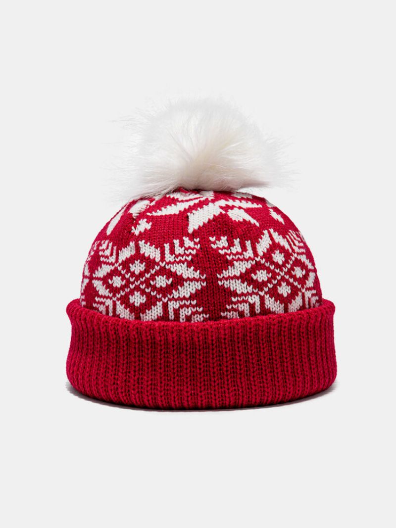 Kvinner Akryl Faux Cashmere Strikket Snowflake Bokstaver Mønster Pels Ball Dekorert Beanie Hat