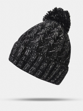 Kvinner Blandet Farge Strikket Plus Velvet Thicken Fluffy Ball Varme Ørebeskyttelse Beanie Hat