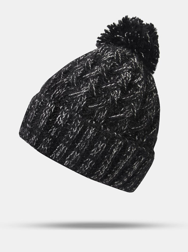 Kvinner Blandet Farge Strikket Plus Velvet Thicken Fluffy Ball Varme Ørebeskyttelse Beanie Hat