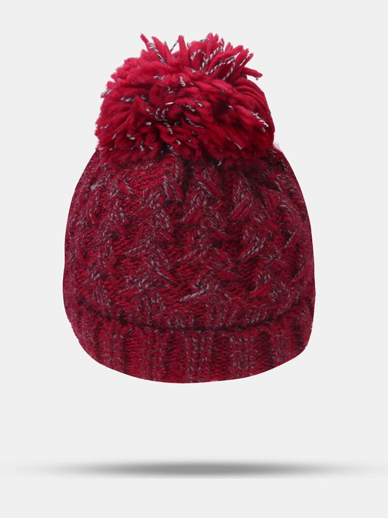 Kvinner Blandet Farge Strikket Plus Velvet Thicken Fluffy Ball Varme Ørebeskyttelse Beanie Hat