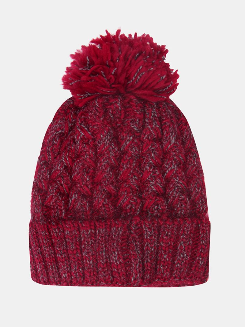 Kvinner Blandet Farge Strikket Plus Velvet Thicken Fluffy Ball Varme Ørebeskyttelse Beanie Hat