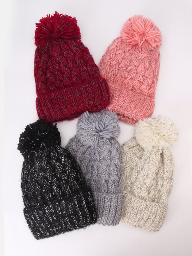 Kvinner Blandet Farge Strikket Plus Velvet Thicken Fluffy Ball Varme Ørebeskyttelse Beanie Hat