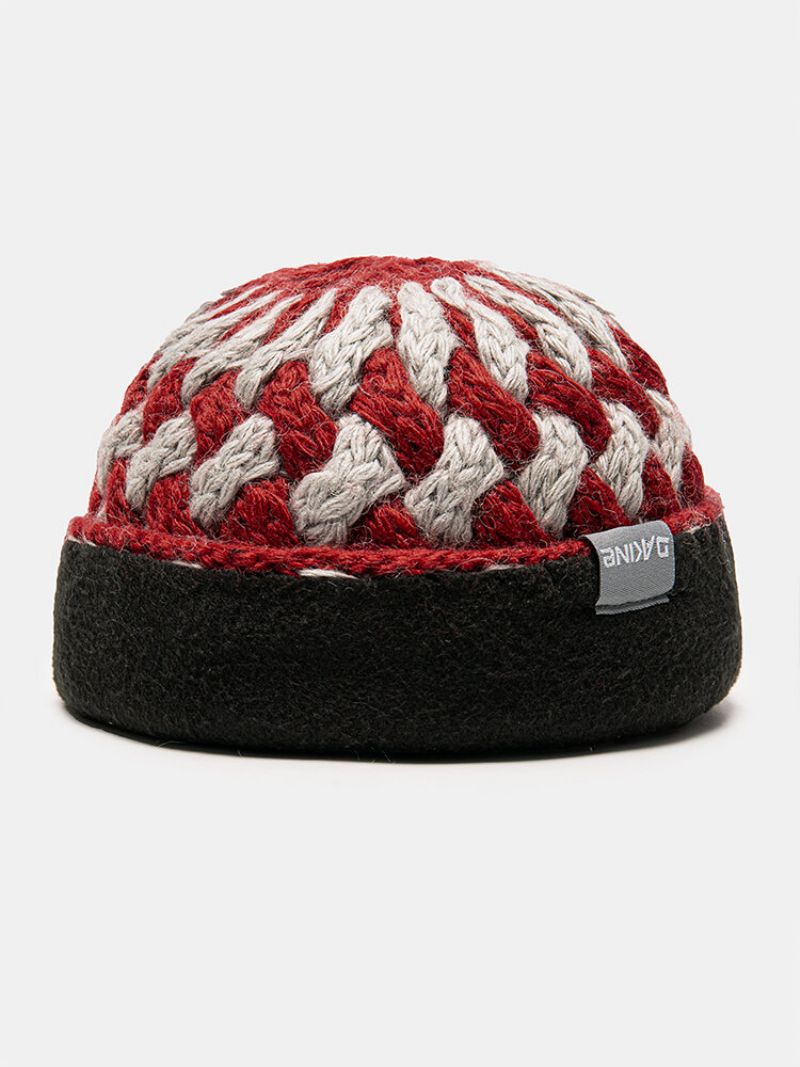 Kvinner Blandet Farge Twist Knitted Jacquard Plus Velvet Warmth Brimless Beanie Hat