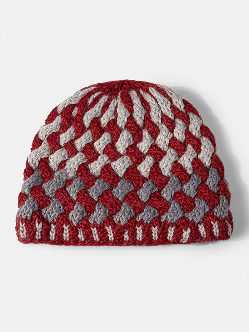 Kvinner Blandet Farge Twist Knitted Jacquard Plus Velvet Warmth Brimless Beanie Hat