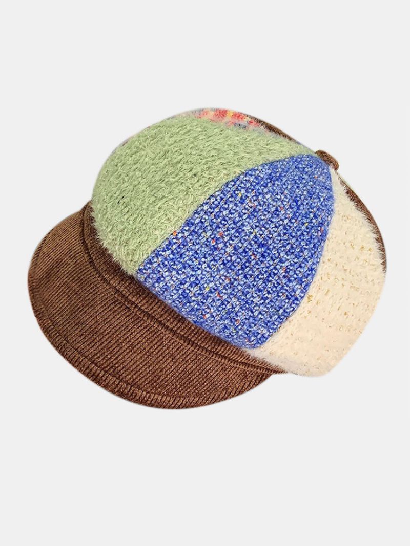 Kvinner Corduroy Patchwork Farge Varm All-match Casual Flat Hat Åttekantet Hat Beret Hat