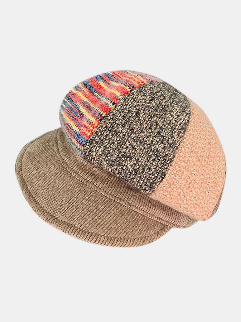 Kvinner Corduroy Patchwork Farge Varm All-match Casual Flat Hat Åttekantet Hat Beret Hat