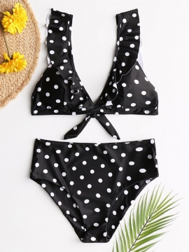 Kvinner High Waist Bikini Polka Dot Tie Front Volangermer Badetøy