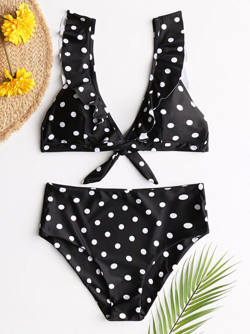 Kvinner High Waist Bikini Polka Dot Tie Front Volangermer Badetøy