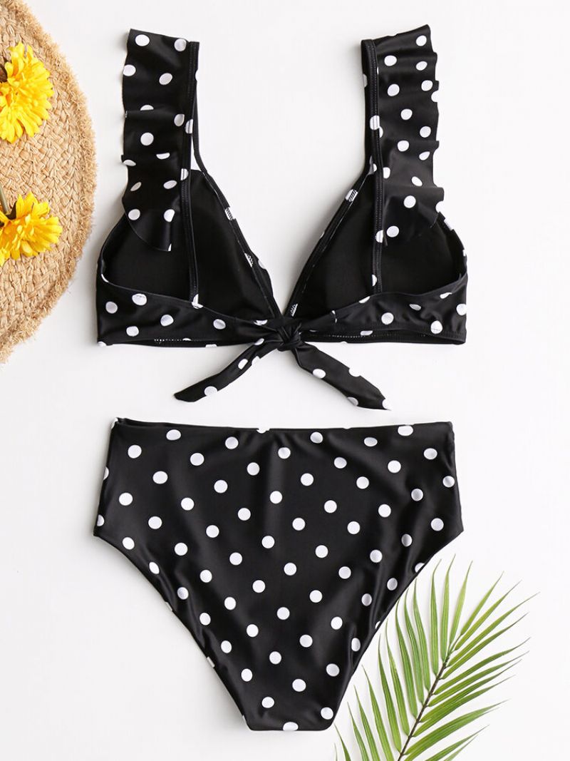 Kvinner High Waist Bikini Polka Dot Tie Front Volangermer Badetøy